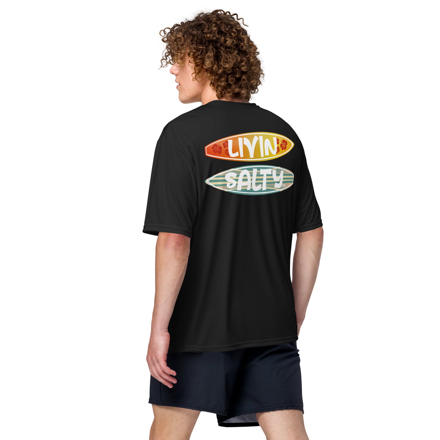 Unisex dry fit Surf board LIVIN SALTY t-shirt