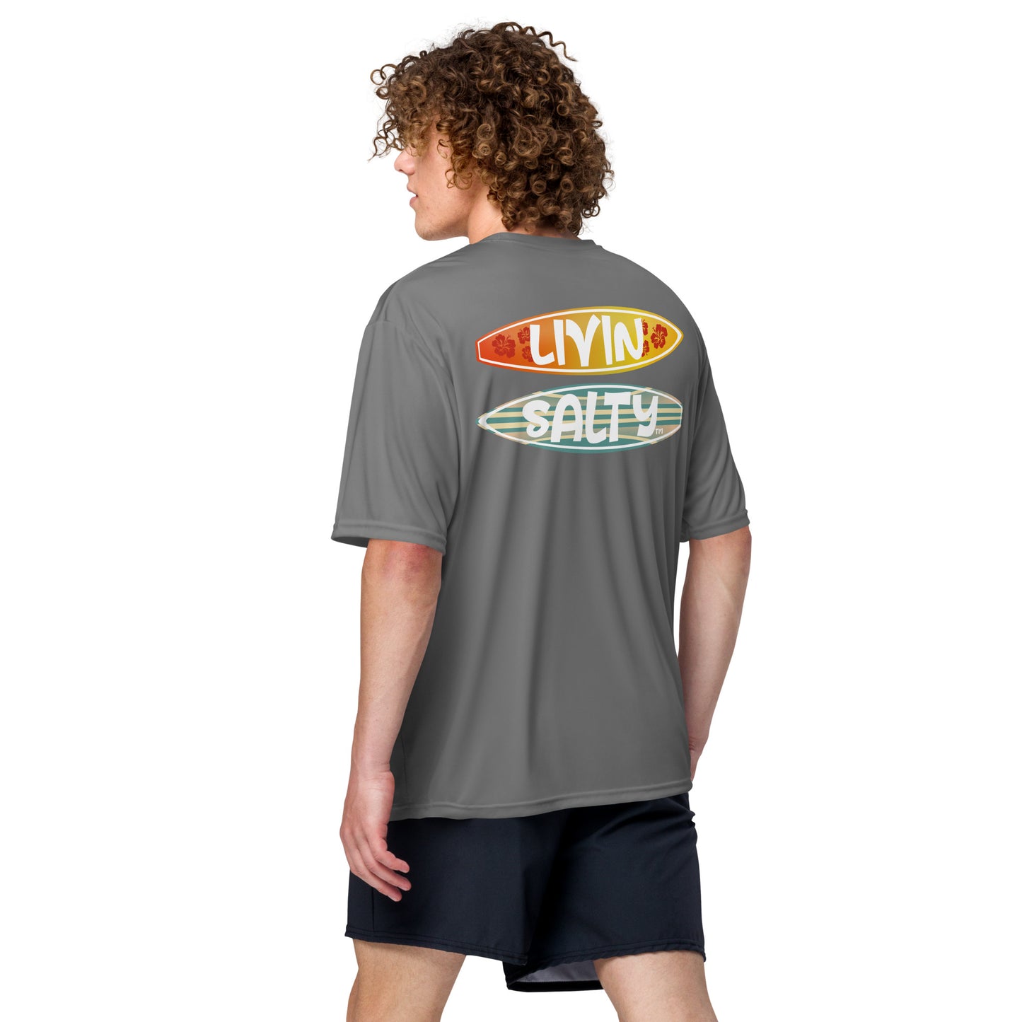 Unisex dry fit Surf board LIVIN SALTY t-shirt