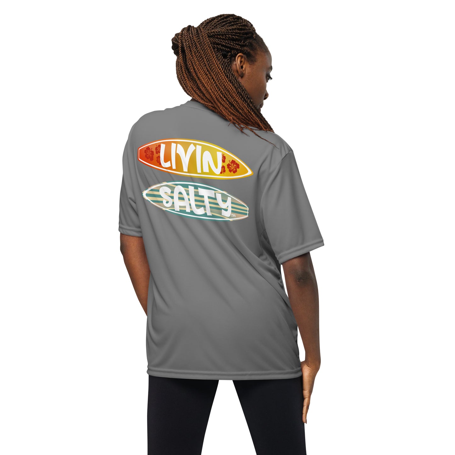 Unisex dry fit Surf board LIVIN SALTY t-shirt