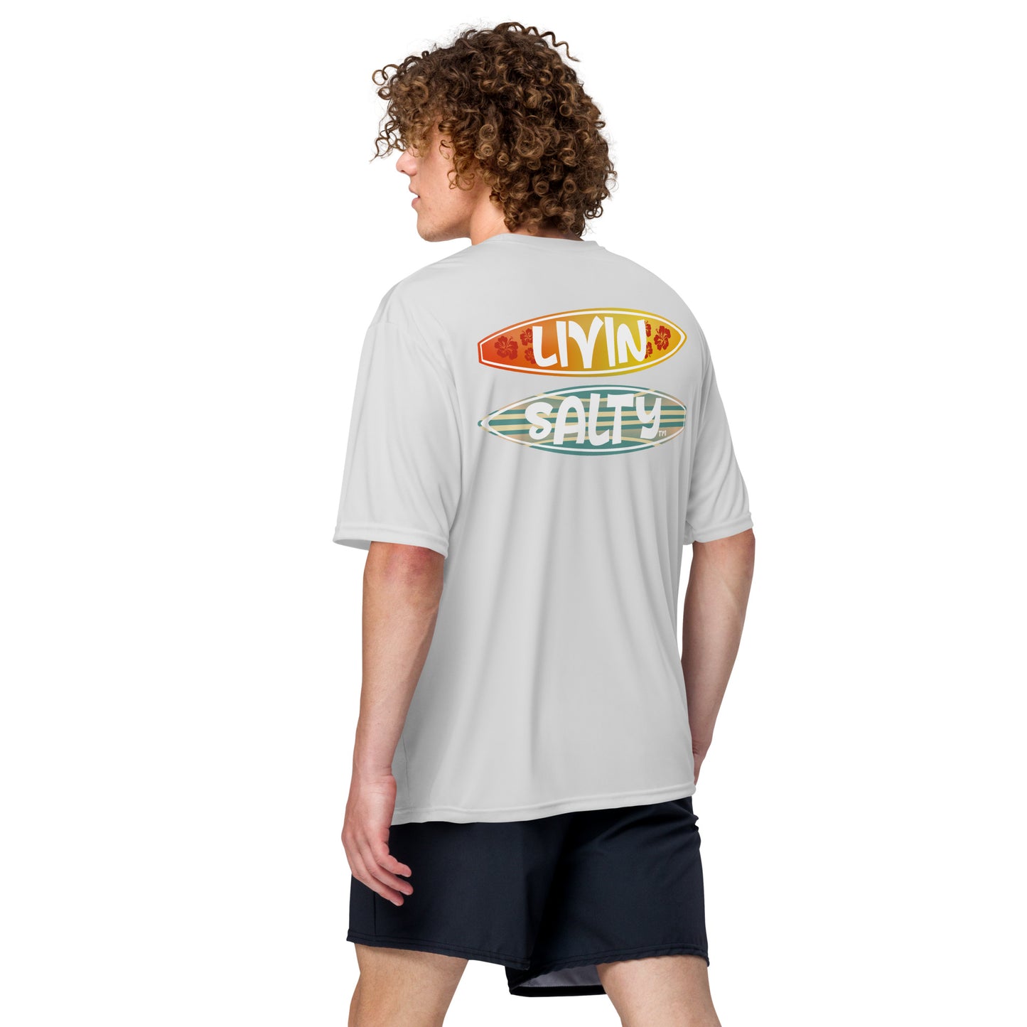 Unisex dry fit Surf board LIVIN SALTY t-shirt