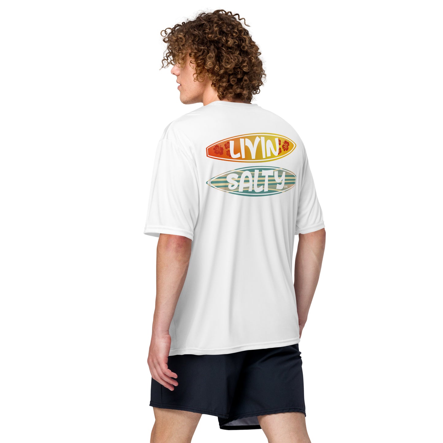Unisex dry fit Surf board LIVIN SALTY t-shirt