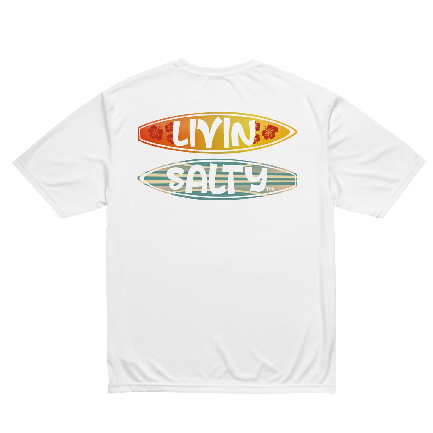 Unisex dry fit Surf board LIVIN SALTY t-shirt