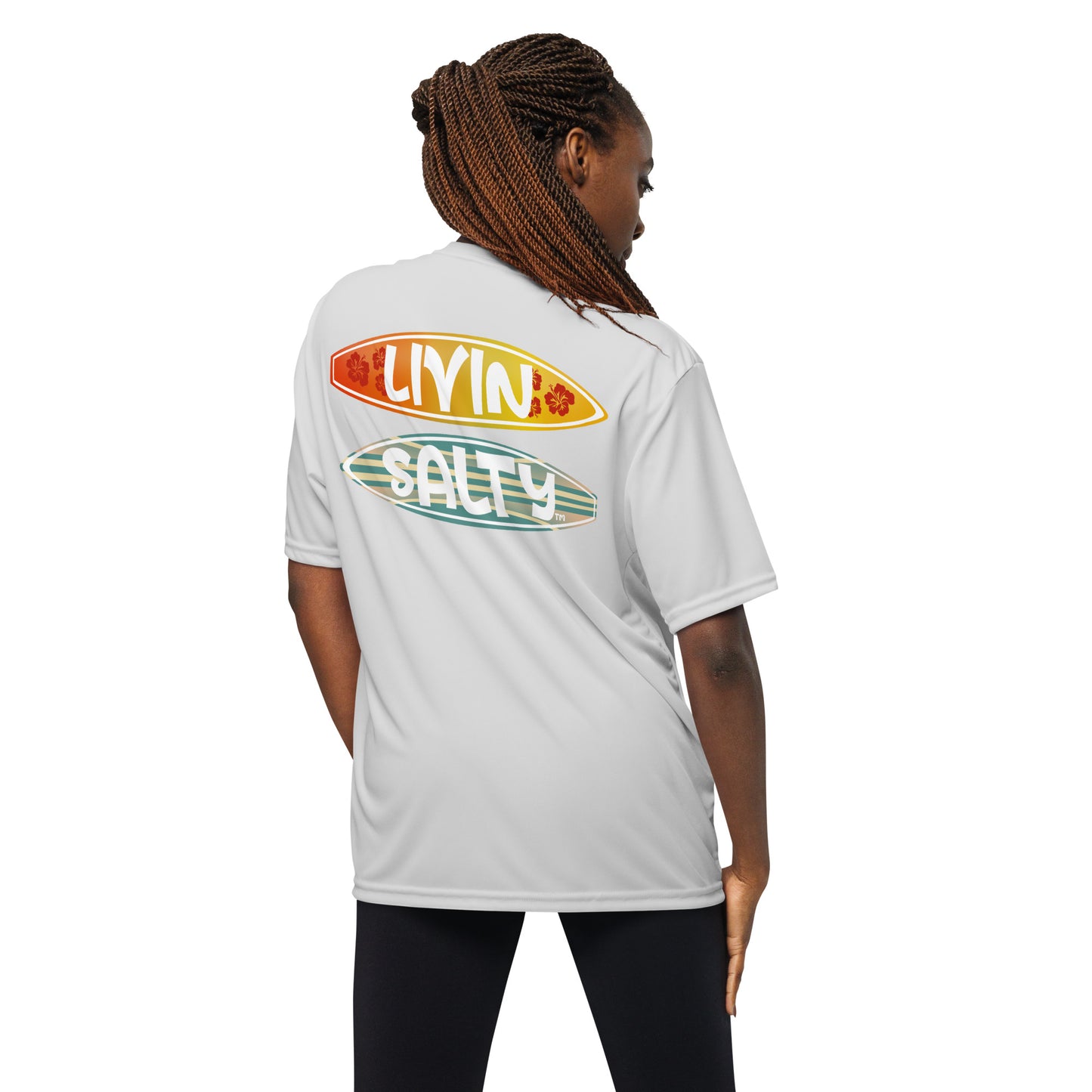 Unisex dry fit Surf board LIVIN SALTY t-shirt