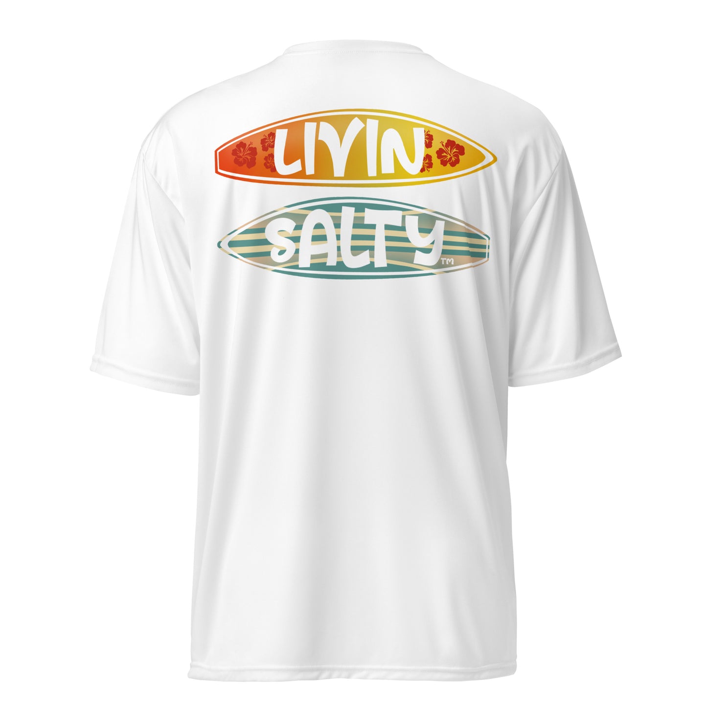 Unisex dry fit Surf board LIVIN SALTY t-shirt